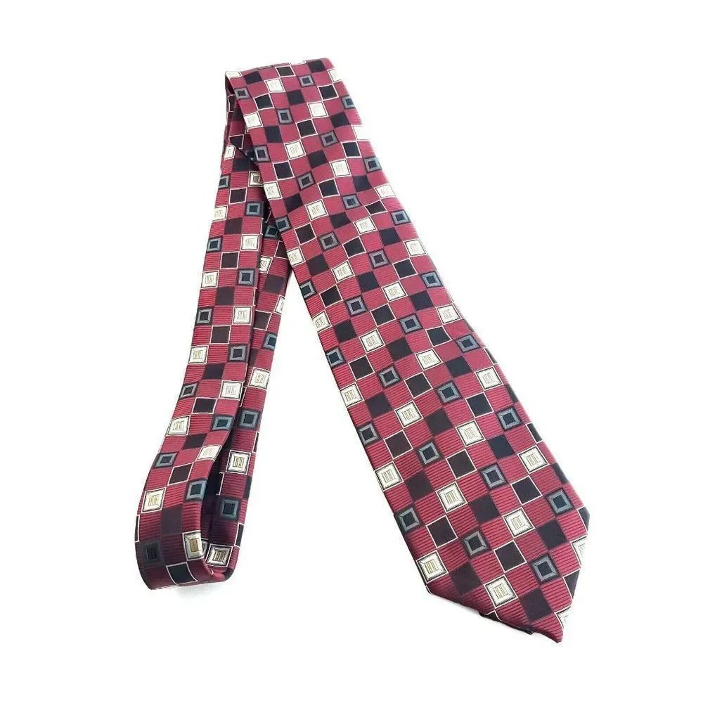 Bergamo New‎ York Red Black Tan Geometric Woven Polyester Long Tie